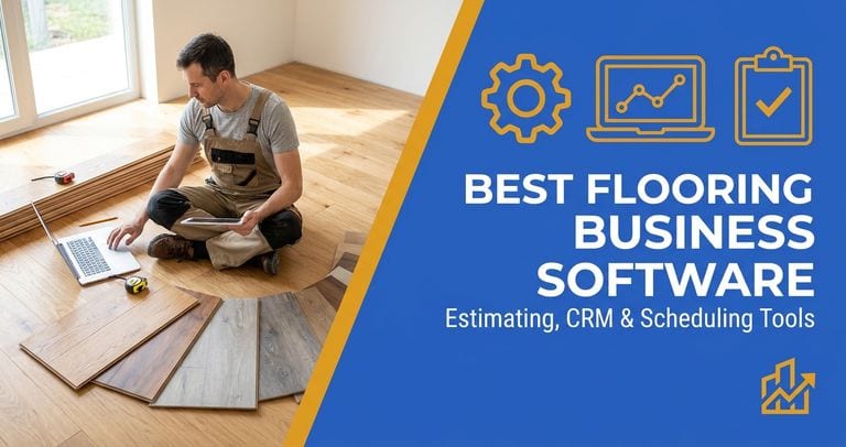 Flooring contractor using estimating software on a laptop at a jobsite