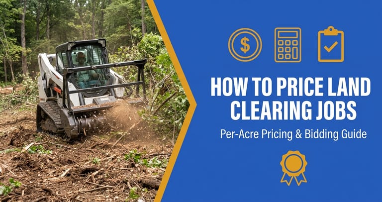 Skid steer forestry mulcher clearing brush on a wooded lot