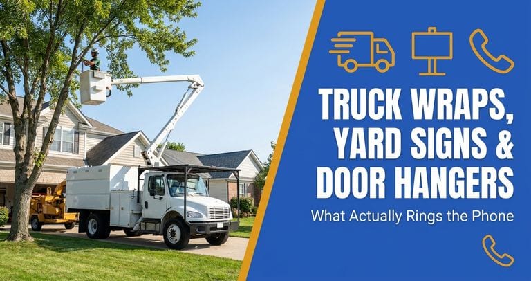Tree service bucket truck with a wrapped door parked at a residential job site