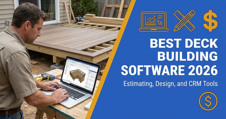 Deck building contractor reviewing deck estimating and design software on a laptop at a jobsite with a partially framed composite deck in the background