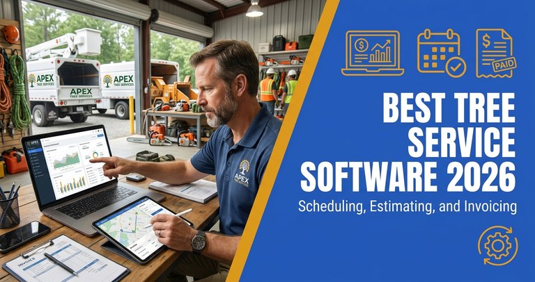 Tree service business owner reviewing scheduling and estimating software on a laptop and phone next to a chipper and bucket truck
