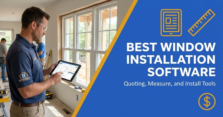 Window installation company owner reviewing window estimating and CRM software on a tablet at a job site with installed double-hung windows in the background