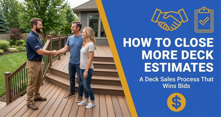 Deck builder shaking hands with a homeowner on a finished composite deck after closing the estimate