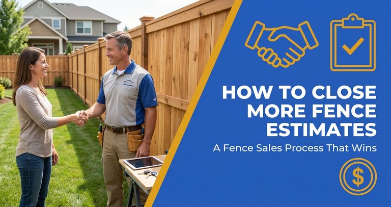 Fence company owner walking a backyard property line with a homeowner, tablet in hand, presenting a fence estimate on site