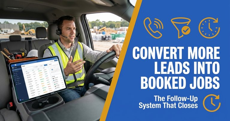 Home service company owner reviewing a lead follow-up dashboard on a tablet inside a work truck