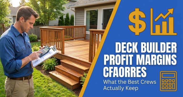 Deck builder reviewing job costing numbers on a laptop at a jobsite next to a partially framed cedar deck