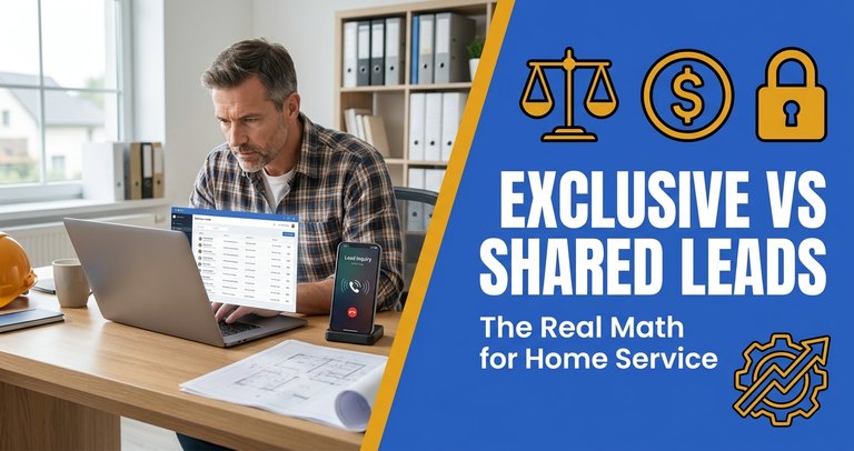 Home service business owner reviewing lead cost and close-rate numbers on a laptop in a contractor office, comparing exclusive and shared lead sources