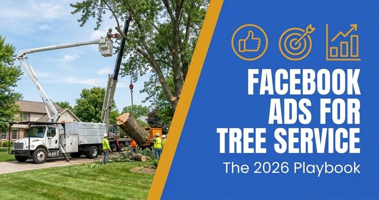 Tree service crew running a crane and bucket truck on a large residential removal, the kind of action footage that performs in Facebook ads