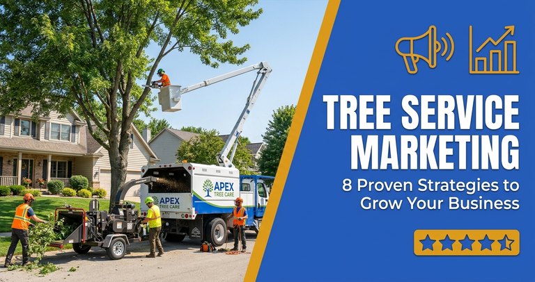 Tree service crew with bucket truck and chipper working a residential removal job, branded for a growing tree care company