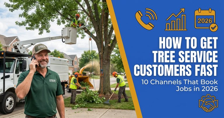 Tree service crew loading a bucket truck and chipper while booked-job notifications appear on the owner's phone