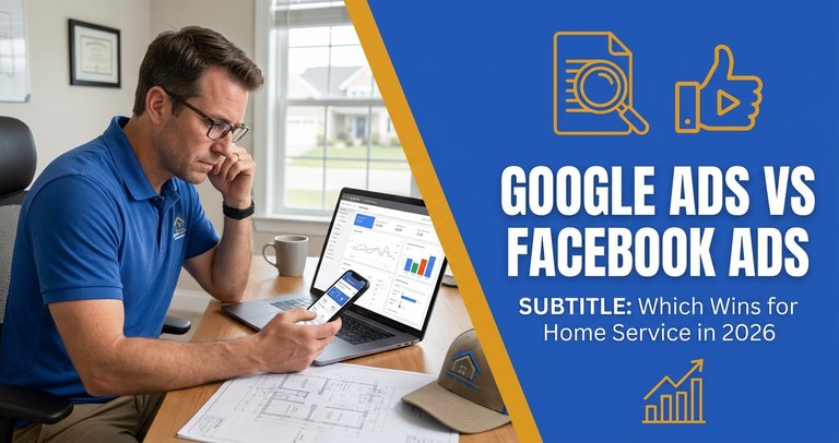 Split-screen comparison of a Google search results page and a Facebook feed ad for a home service company, with a contractor truck in the background