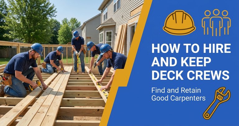 Deck building crew of carpenters framing a backyard composite deck on a sunny day