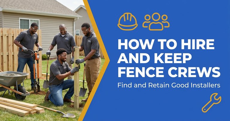 Fence installation crew setting wood privacy fence posts on a residential job site with a post-hole auger and truck in the background