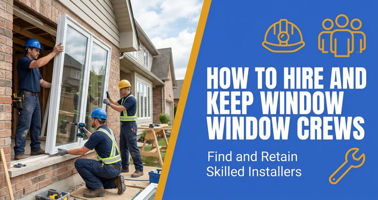 Two-person window install crew setting a new vinyl double-hung window into a residential opening, shimming and checking for square