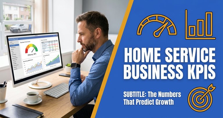 Home service business owner reviewing KPI dashboard with cost per lead, lead-to-booked rate, and average ticket numbers on a laptop in a company office