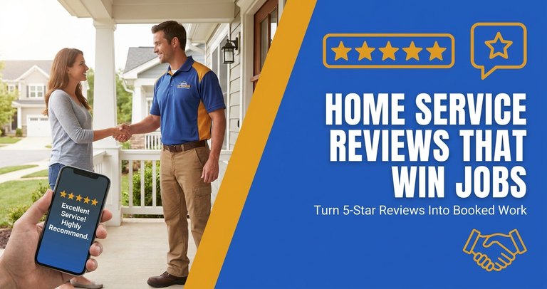 A home service contractor checking five-star Google reviews on a phone next to a company truck on a job site
