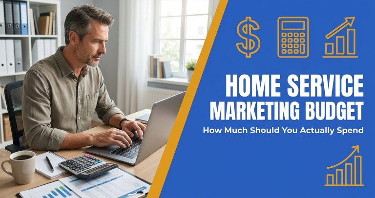 Home service company owner reviewing a marketing budget spreadsheet next to a job board showing booked jobs and revenue targets