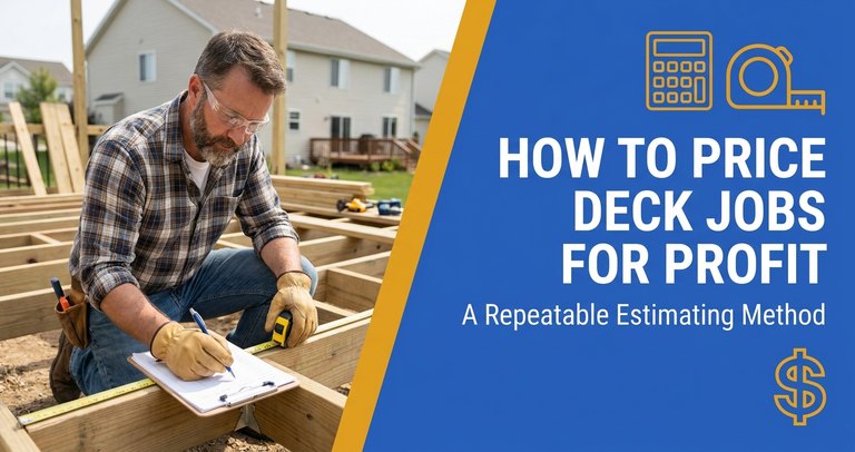Deck builder reviewing a job estimate and material takeoff on a clipboard next to a framed composite deck under construction