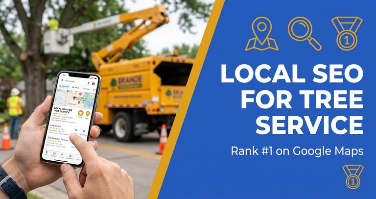 Tree service crew with a bucket truck and chipper on a residential street, with a Google Maps pin overlay showing a top local ranking