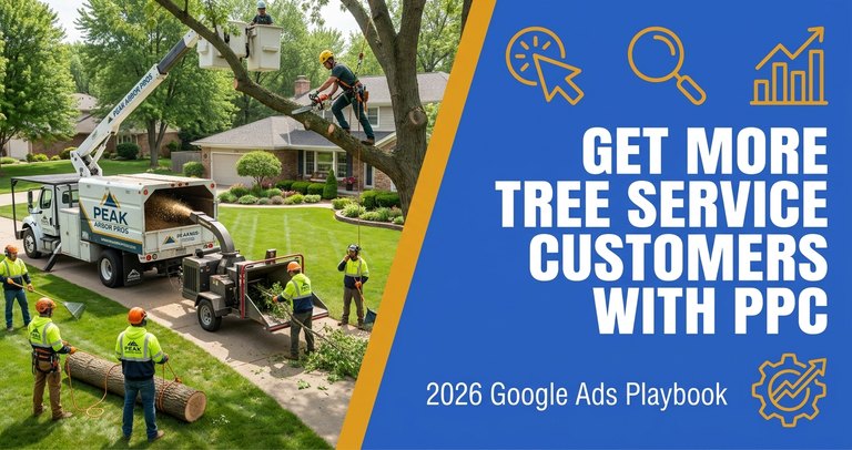 Tree service owner reviewing a Google Ads dashboard on a laptop in his truck, showing tree removal search results and cost per booked job