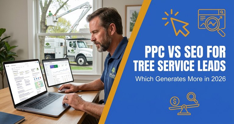 Tree service crew loading logs into a chipper next to a branded truck, illustrating a growing tree company weighing PPC versus SEO for leads