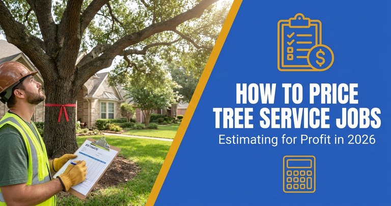 Tree service owner reviewing a job estimate on a tablet next to a bucket truck and chipper on a residential removal job