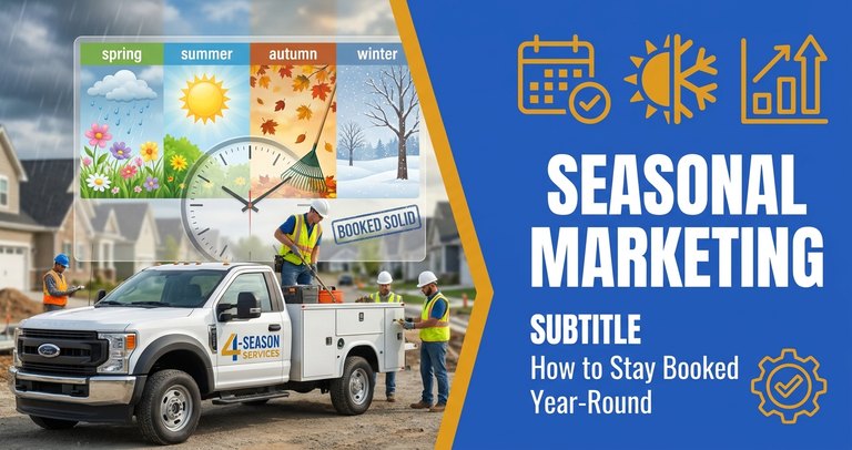 Home service business owner reviewing a 12-month marketing calendar on a tablet at a job site truck, planning lead generation across busy and slow seasons