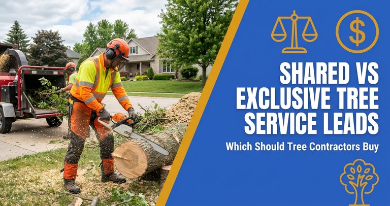 Tree service company owner reviewing lead costs and close rates on a laptop next to a parked bucket truck