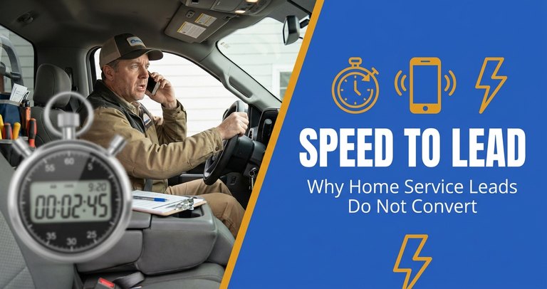 A home service company owner answering an incoming lead call in the cab of a work truck while a crew works in the background