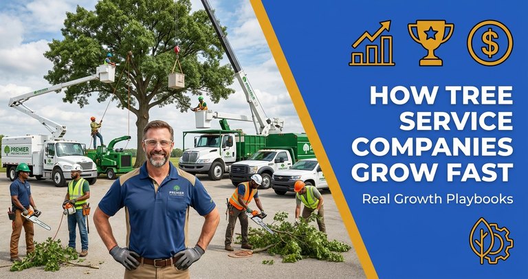 Tree service crew owner reviewing booked jobs and crew schedule at a job site with a bucket truck and chipper in the background