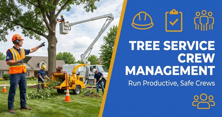 Tree service foreman directing a two-person crew with a bucket truck and chipper on a residential removal job