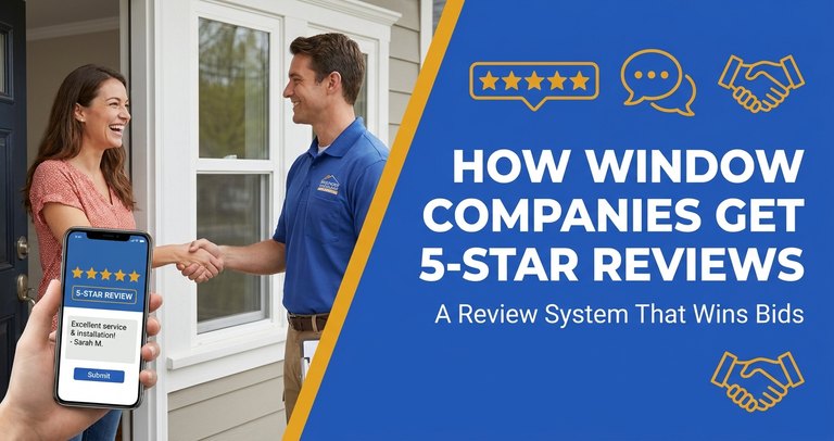 Window installer reviewing a five-star feedback request on a phone outside a home after a completed install