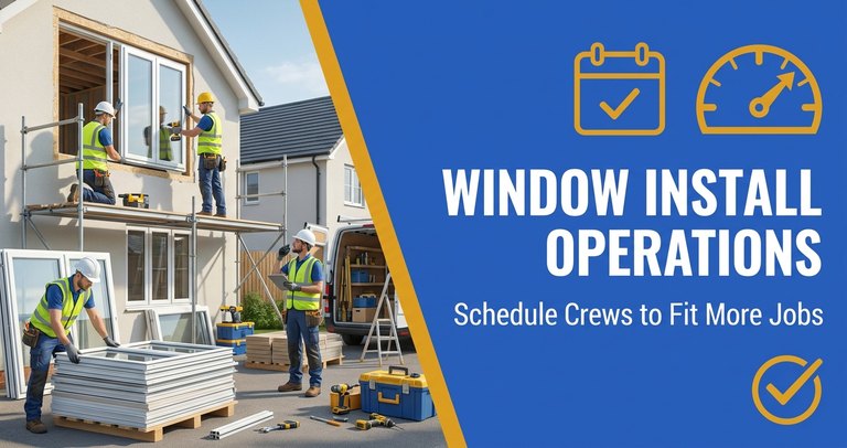 A two-person window installation crew setting a new vinyl replacement window in a residential opening, with material staged on the lawn and a wrapped van in the driveway