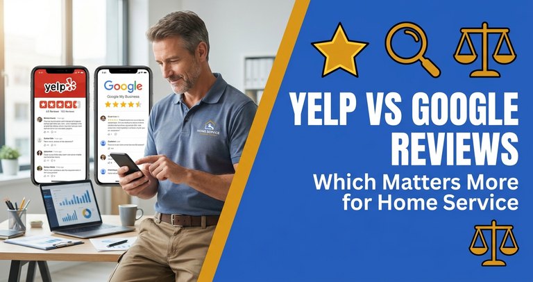 Side-by-side comparison of a Google Business Profile with 5-star reviews in the local map pack versus a Yelp business page for a home service company