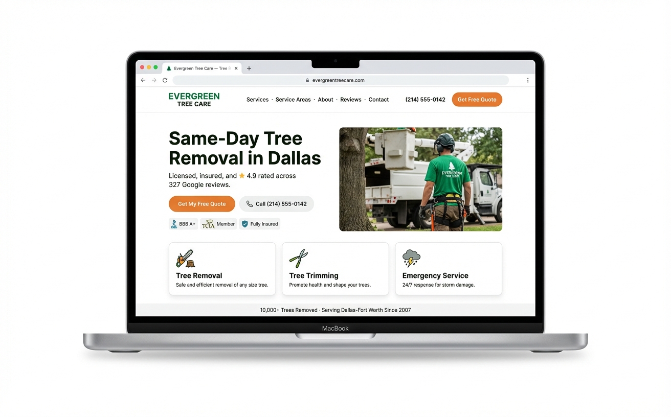 Real tree service website built by Home Service Direct — modern design, hero CTA above the fold, trust badges, 3-card service grid, shipped in 4-5 days